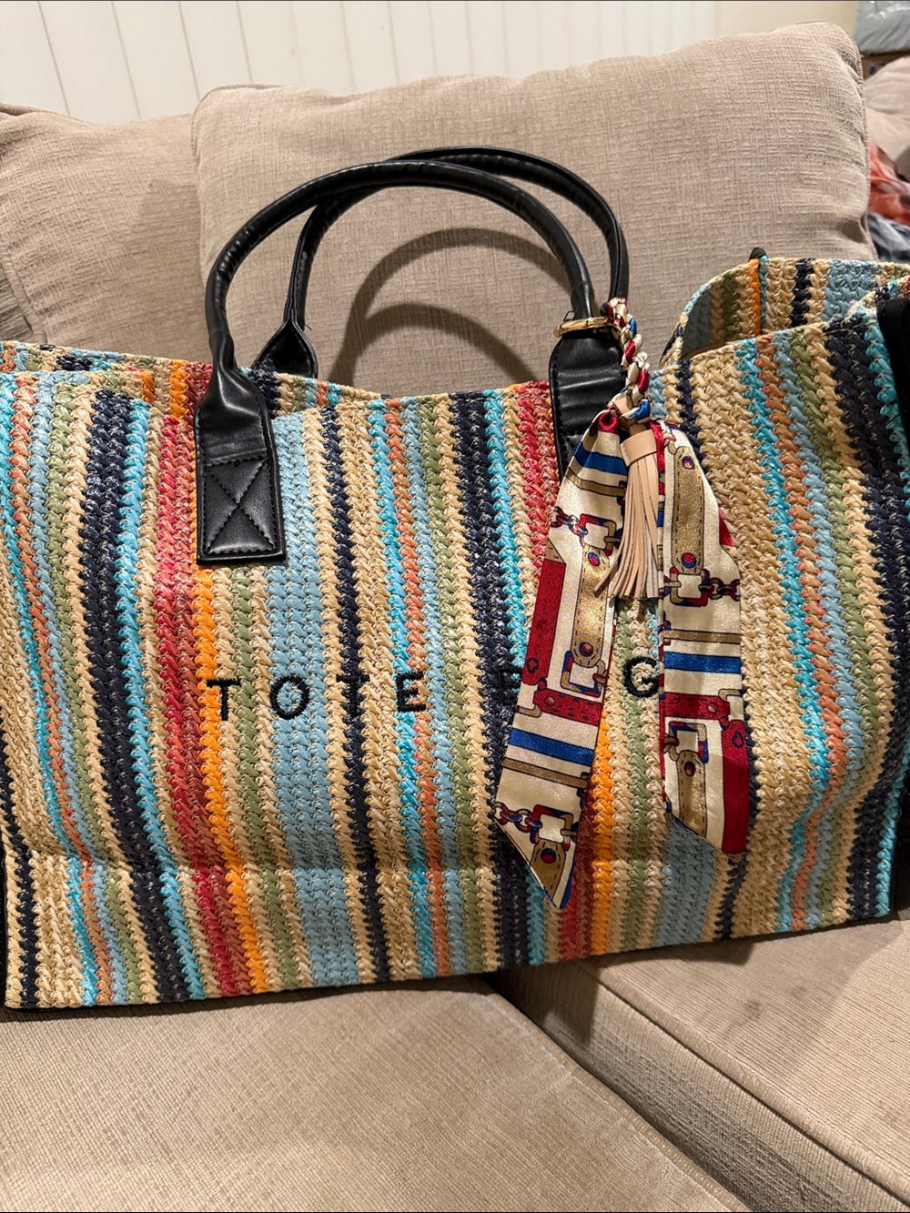 Striped Multicolor Tote Bag with Scarf Accent